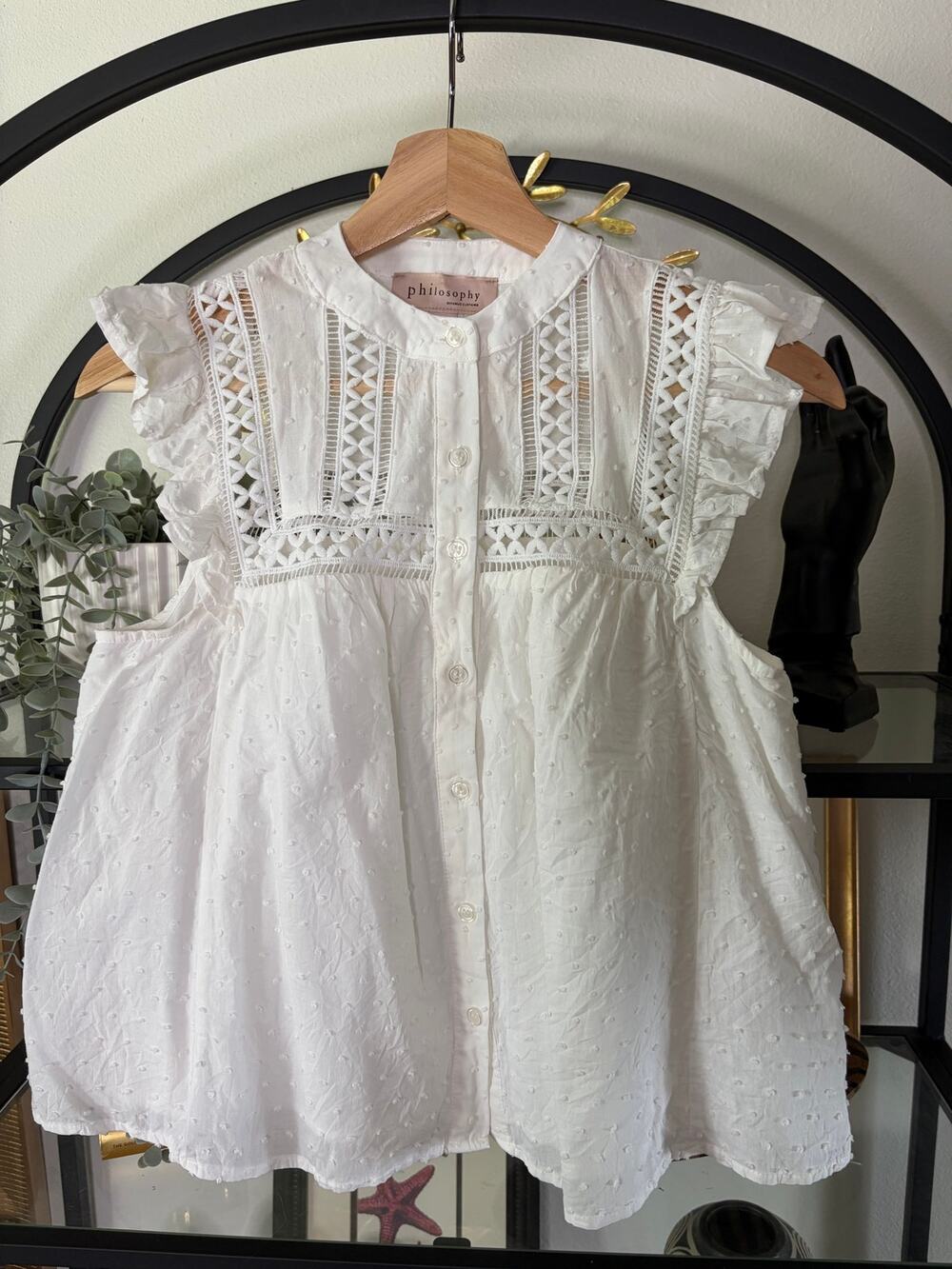 Philosophy Republic Clothing Womens XS White Swiss Dot Lace Ruffle Blouse